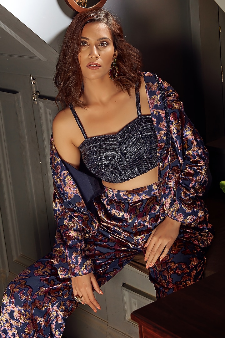 Midnight Blue Velvet Printed Jacket Set by Priyanka Jain at Pernia's Pop Up Shop