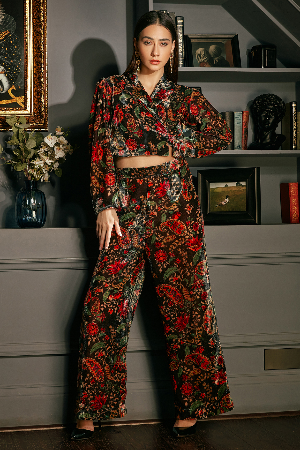 Black Velvet Printed Co-Ord Set by Priyanka Jain at Pernia's Pop Up Shop