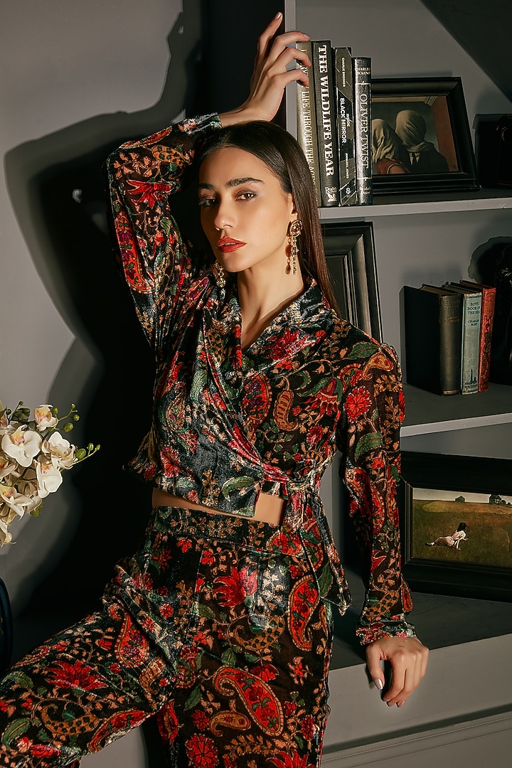 Black Velvet Printed Co-Ord Set by Priyanka Jain at Pernia's Pop Up Shop