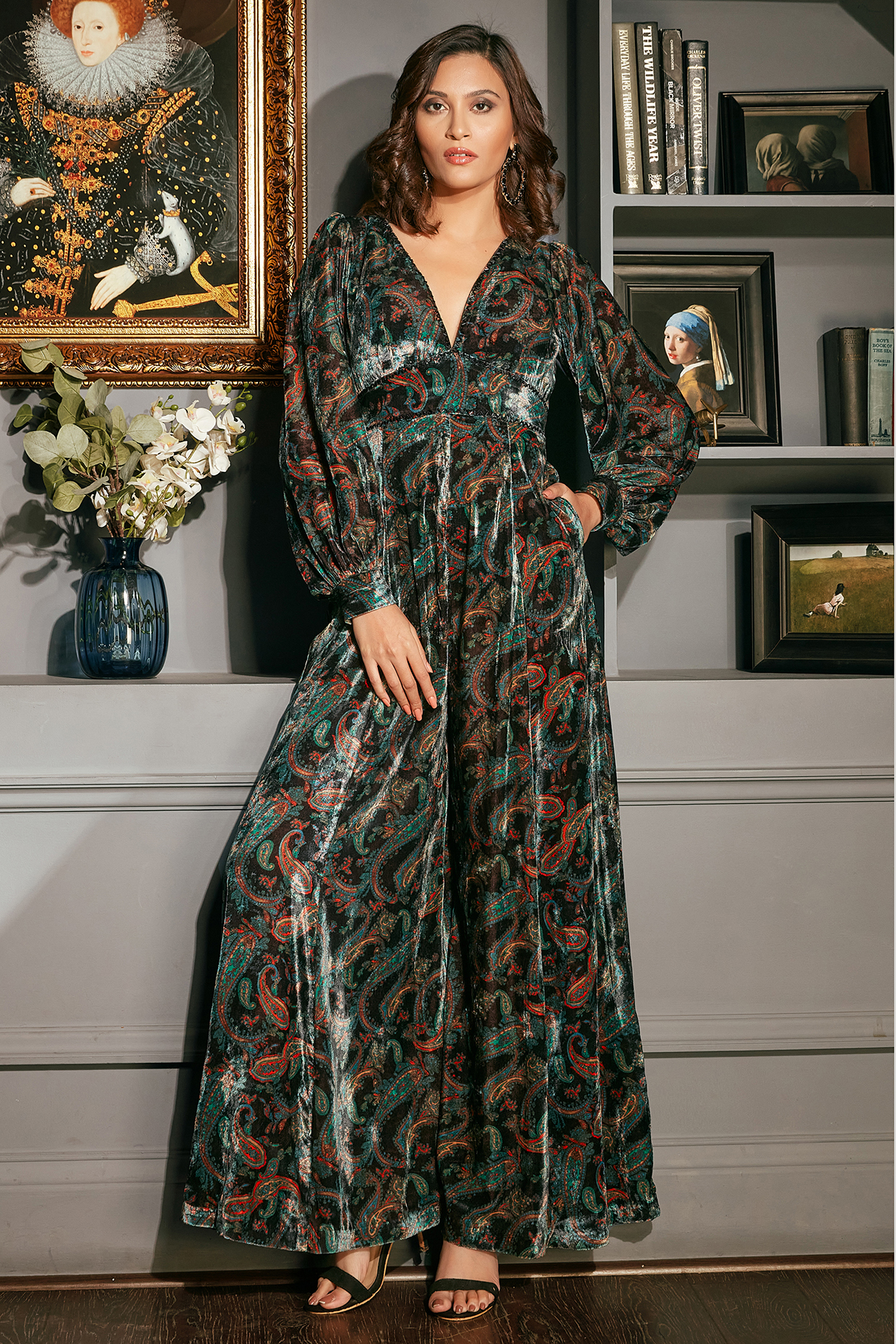Black Velvet Printed Flared Jumpsuit by Priyanka Jain at Pernia's Pop Up Shop