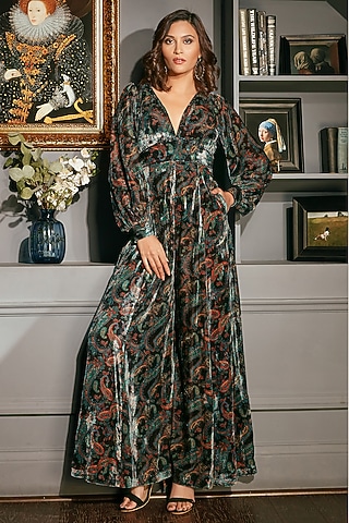 Black Velvet Printed Flared Jumpsuit by Priyanka Jain