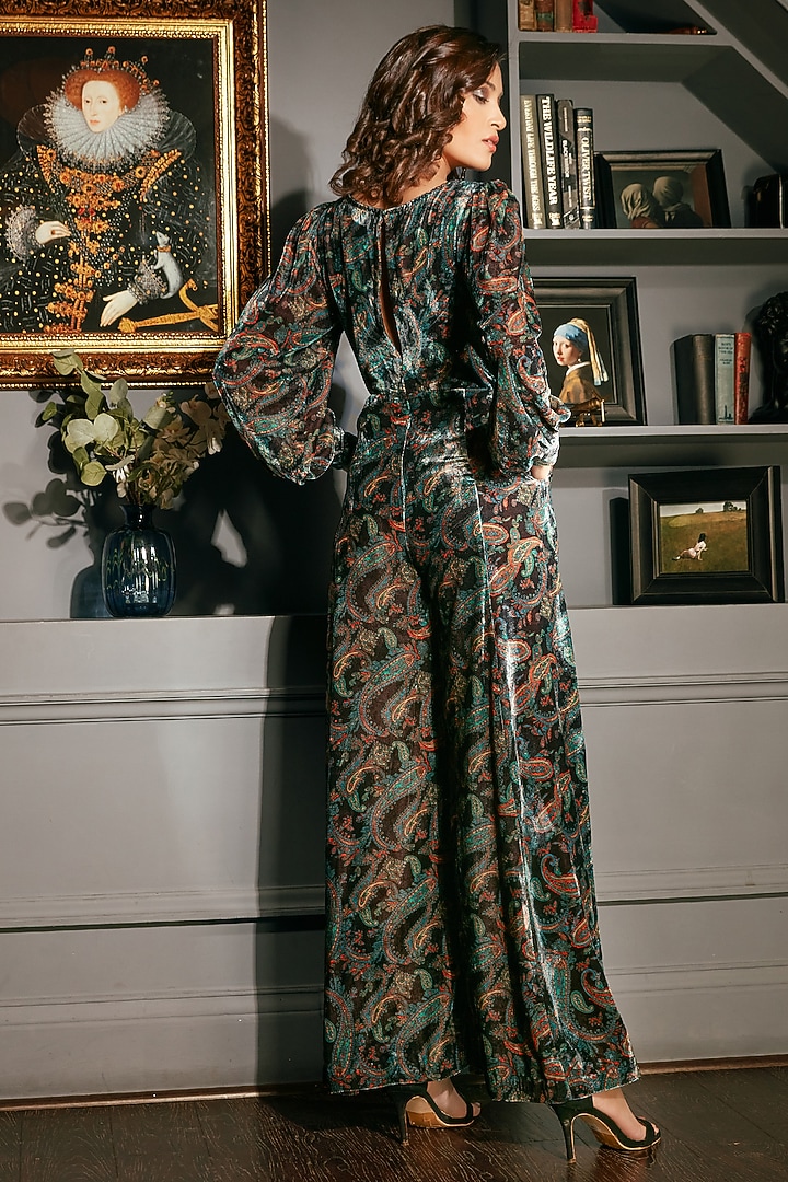 Black Velvet Printed Flared Jumpsuit by Priyanka Jain at Pernia's Pop Up Shop