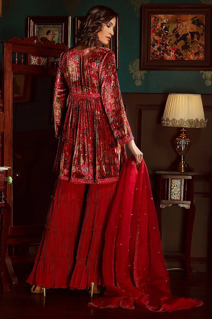 Red Georgette Flowy Wedding Sharara Set by Priyanka Jain at Pernia's Pop Up Shop