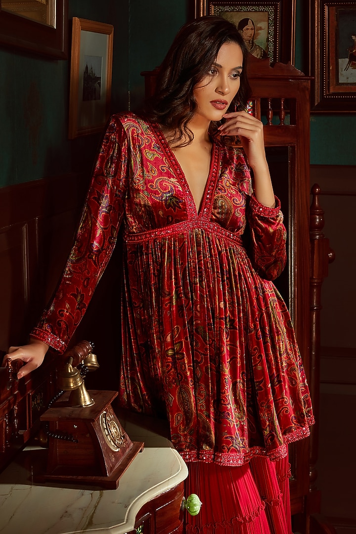 Red Georgette Flowy Wedding Sharara Set by Priyanka Jain at Pernia's Pop Up Shop
