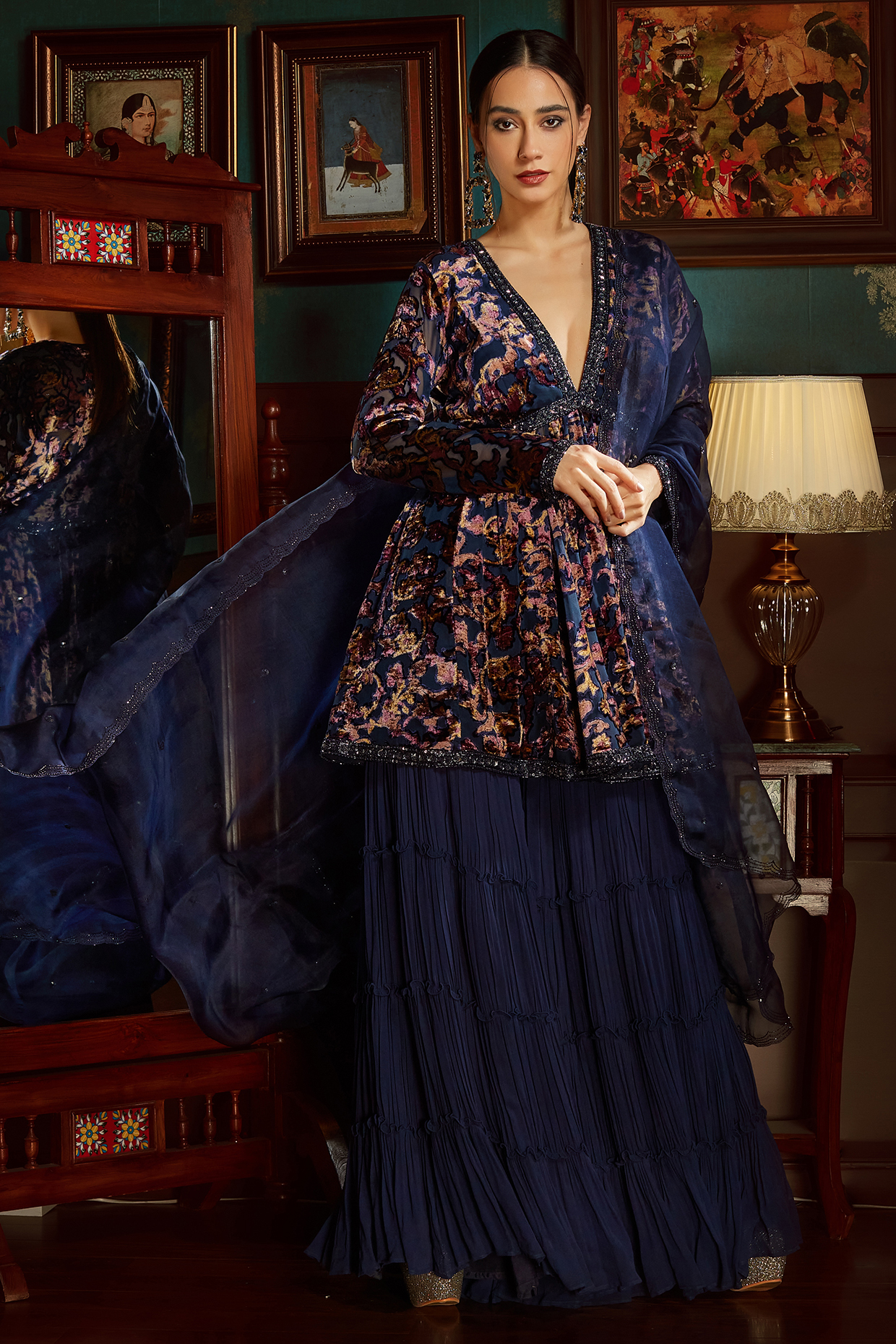 Midnight Blue Georgette Flowy Wedding Sharara Set by Priyanka Jain at Pernia's Pop Up Shop