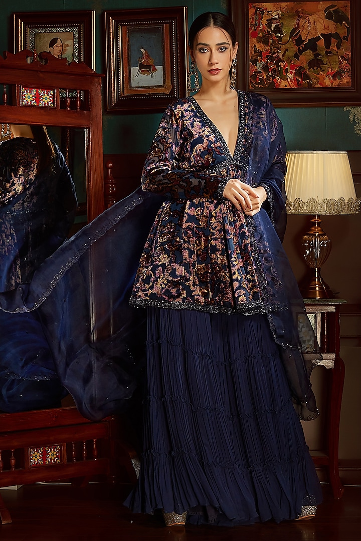 Midnight Blue Georgette Flowy Wedding Sharara Set by Priyanka Jain at Pernia's Pop Up Shop