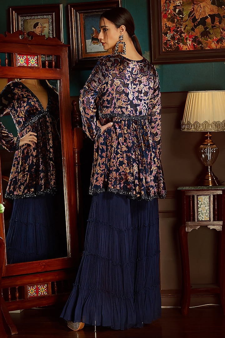 Midnight Blue Georgette Flowy Wedding Sharara Set by Priyanka Jain at Pernia's Pop Up Shop