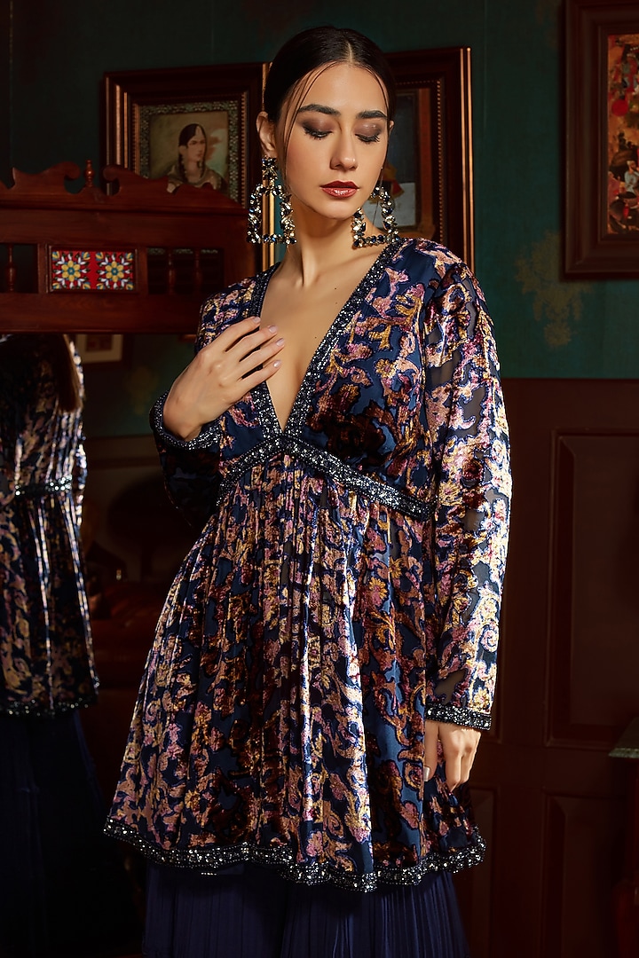 Midnight Blue Georgette Flowy Wedding Sharara Set by Priyanka Jain at Pernia's Pop Up Shop