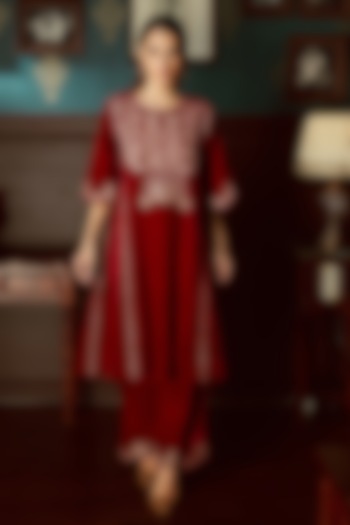 Red Velvet Aari Work Kurta Set by Priyanka Jain at Pernia's Pop Up Shop