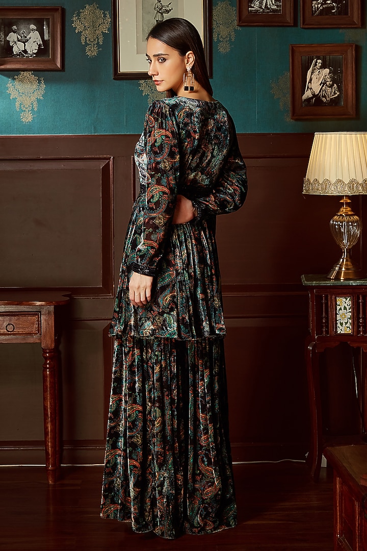 Black Velvet Printed Wedding Sharara Set by Priyanka Jain at Pernia's Pop Up Shop