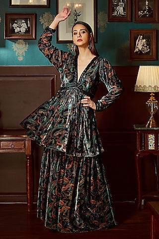 Black Velvet Printed Sharara Set by Priyanka Jain
