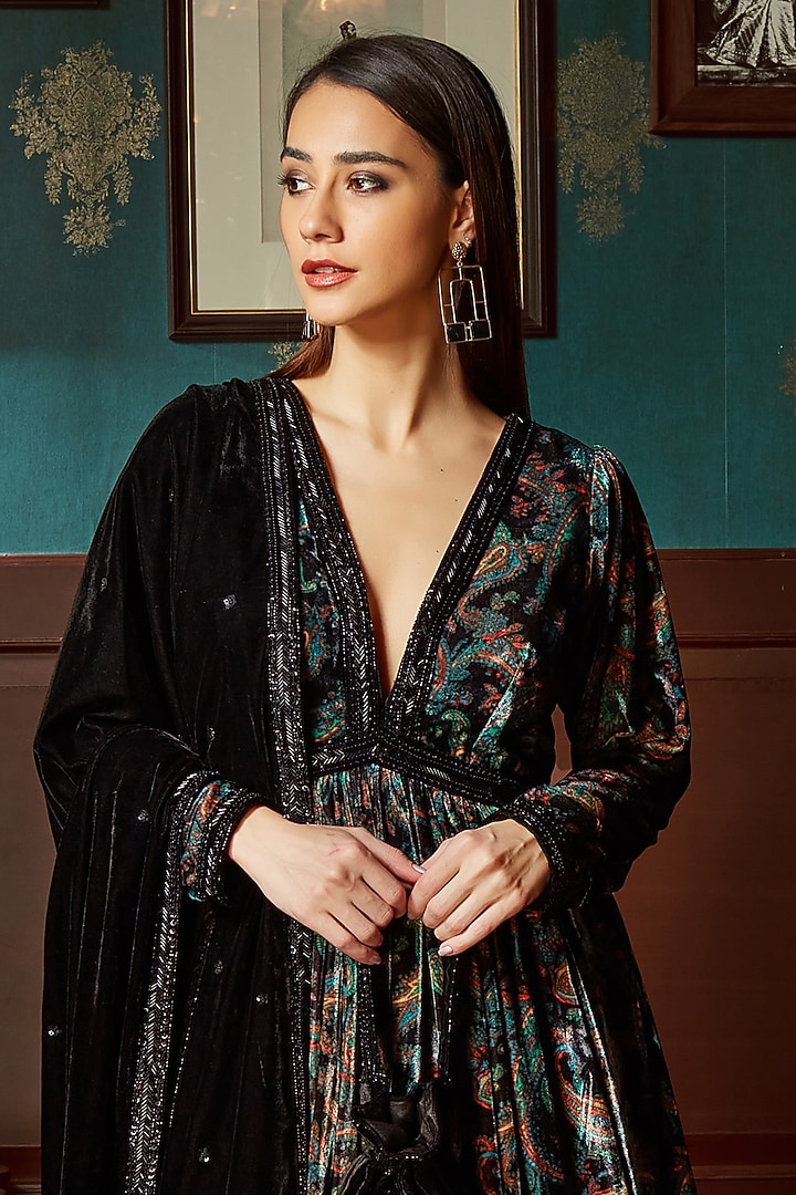 Black Velvet Printed Wedding Sharara Set by Priyanka Jain at Pernia's Pop Up Shop