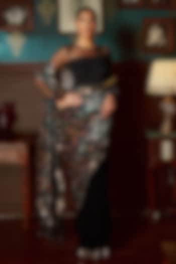 Black Velvet Printed Pre-Stitched Wedding Saree Set by Priyanka Jain at Pernia's Pop Up Shop