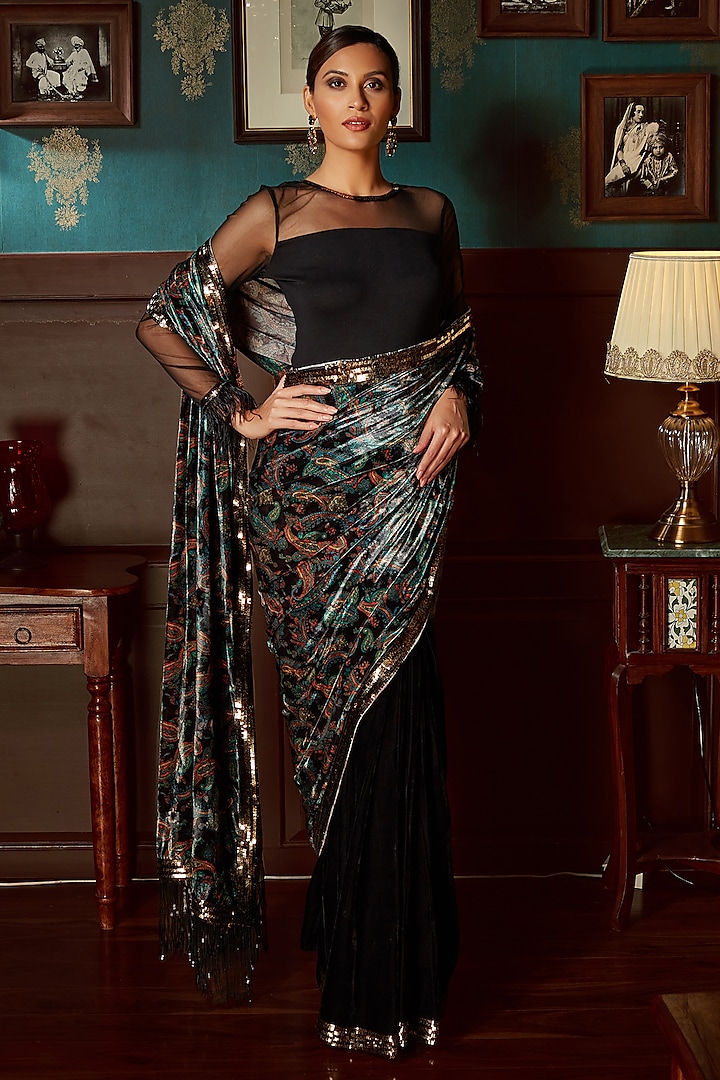 Black Velvet Printed Pre-Stitched Wedding Saree Set by Priyanka Jain at Pernia's Pop Up Shop
