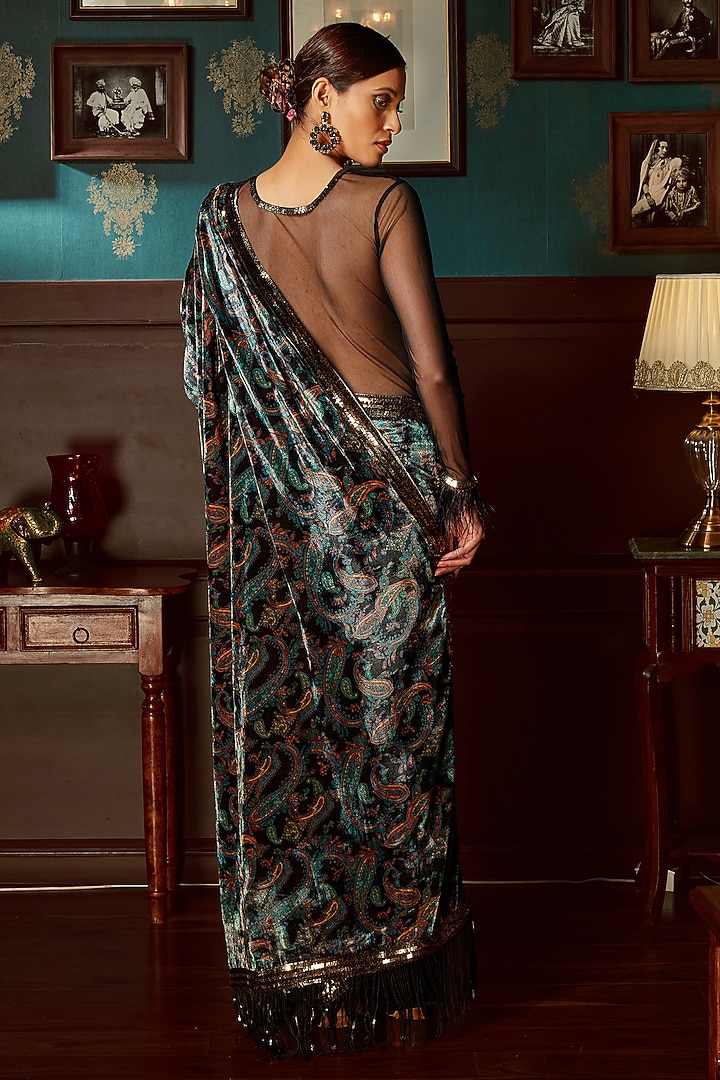 Black Velvet Printed Pre-Stitched Wedding Saree Set by Priyanka Jain at Pernia's Pop Up Shop