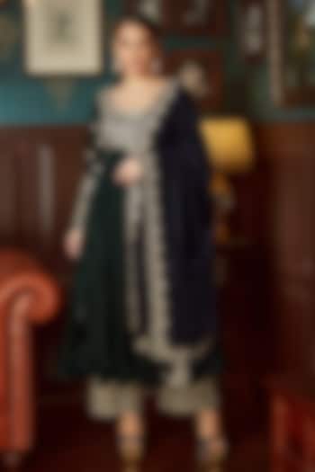 Bottle Green Velvet Sequins & Aari Embroidered Wedding Anarkali Set by Priyanka Jain at Pernia's Pop Up Shop