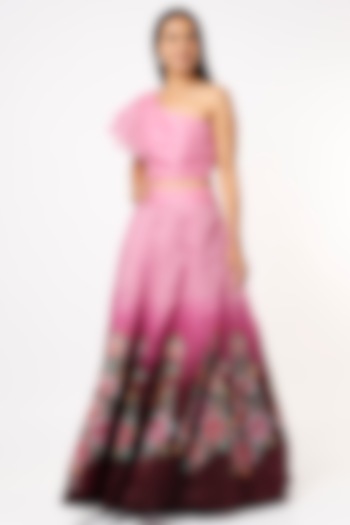 Wine & Pink Organza Hand Painted Wedding Lehenga Set by Priyanka Jha at Pernia's Pop Up Shop