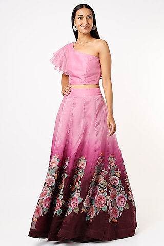 Wine & Pink Organza Hand Painted Lehenga Set by Priyanka Jha