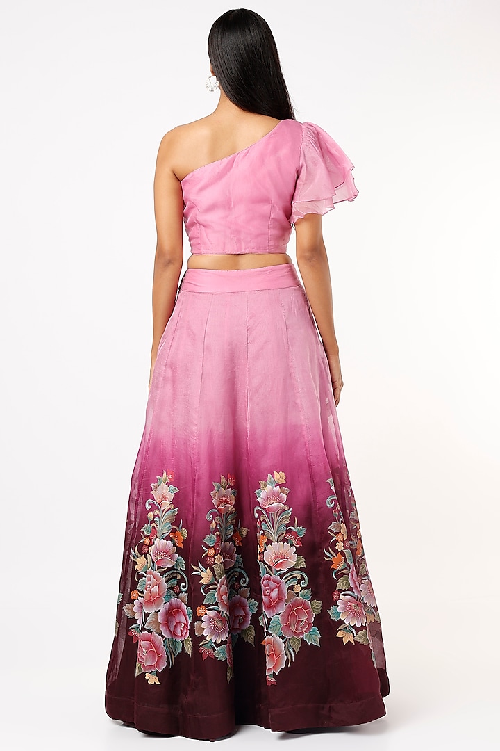 Wine & Pink Organza Hand Painted Wedding Lehenga Set by Priyanka Jha at Pernia's Pop Up Shop