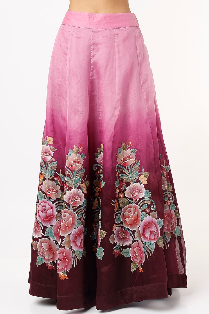 Wine & Pink Organza Hand Painted Wedding Lehenga Set by Priyanka Jha at Pernia's Pop Up Shop