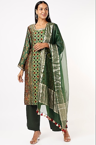 Emerald Green Block Printed Kurta Set by Priyanka Jha
