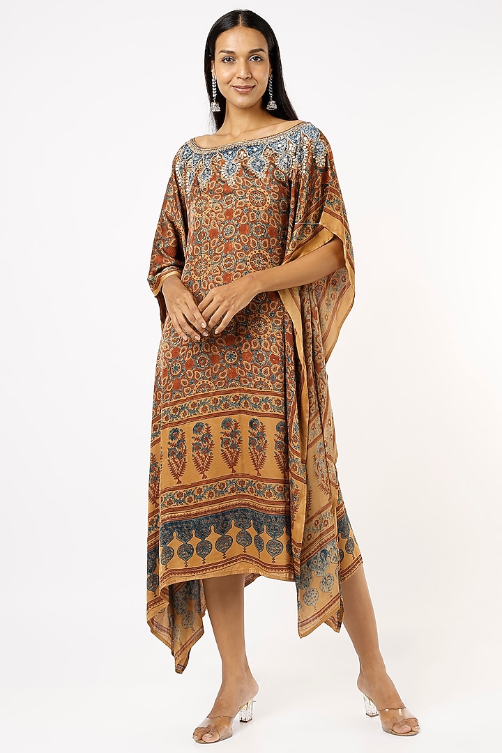 Brown Satin Ajrakh Printed Kaftan by Priyanka Jha at Pernia's Pop Up Shop