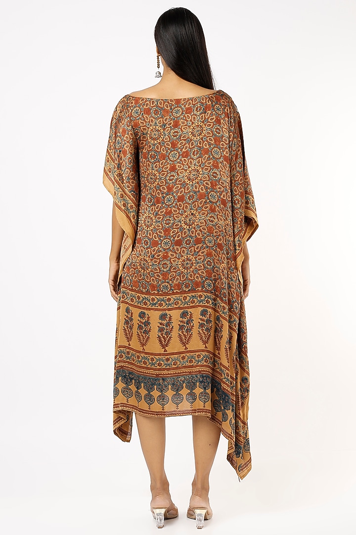 Brown Satin Ajrakh Printed Kaftan by Priyanka Jha at Pernia's Pop Up Shop