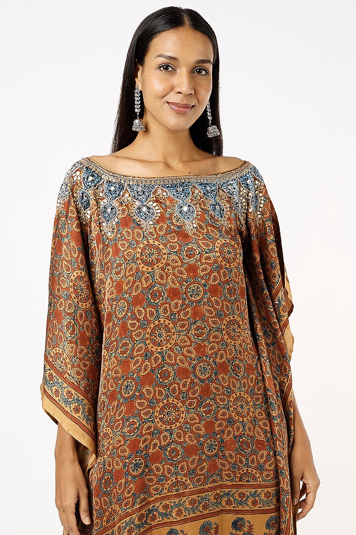 Brown Satin Ajrakh Printed Kaftan by Priyanka Jha at Pernia's Pop Up Shop