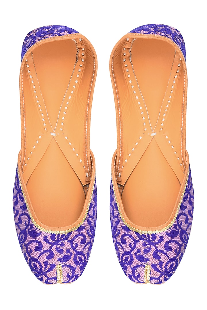 Baby Pink and Royal Blue Floral Net Embroidered Juttis by Punjla