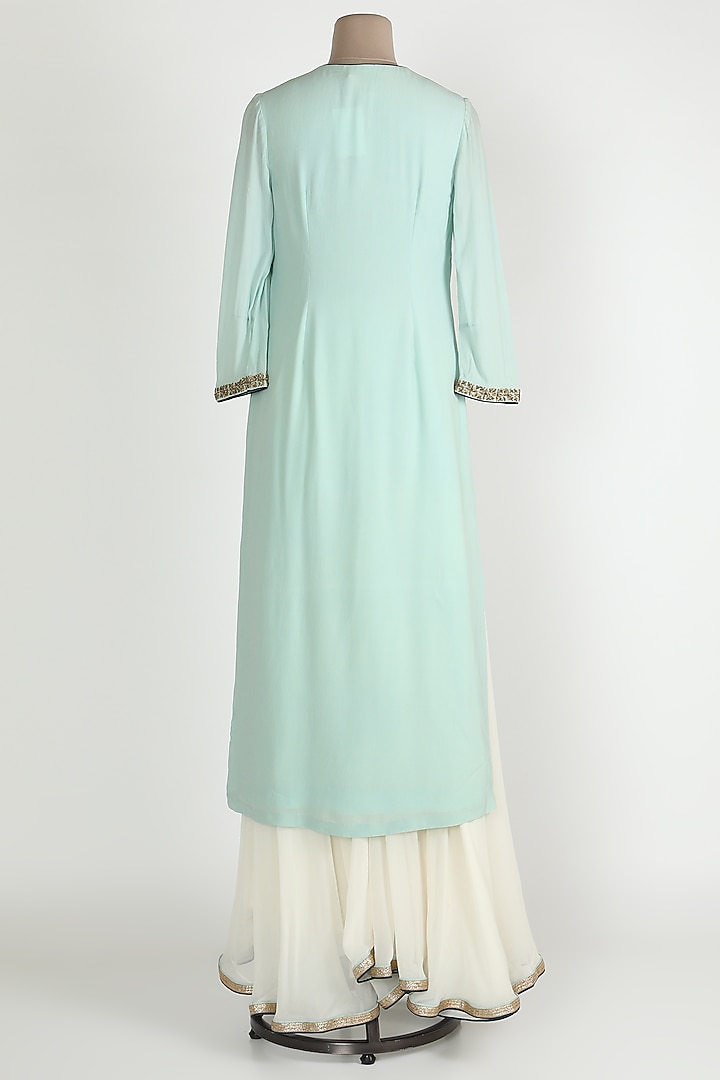 Sea blue embroidered kurta with white sharara pants set available only at Pernia's Pop Up Shop.