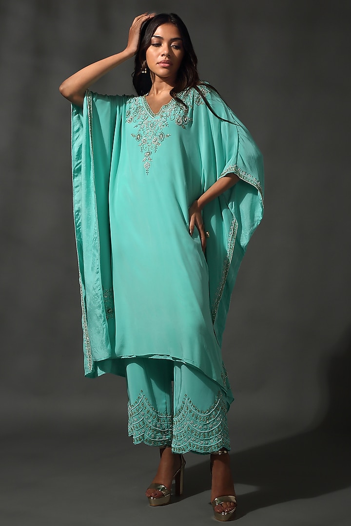 Turquoise Blue Sheesha Silk Sequins Embroidered Kaftan Set by Priyanka Jain Pret