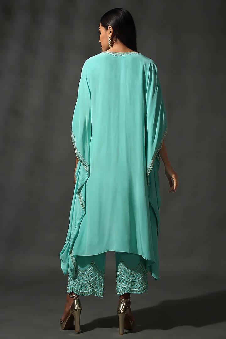 Turquoise Blue Sheesha Silk Sequins Embroidered Kaftan Set by Priyanka Jain at Pernia's Pop Up Shop