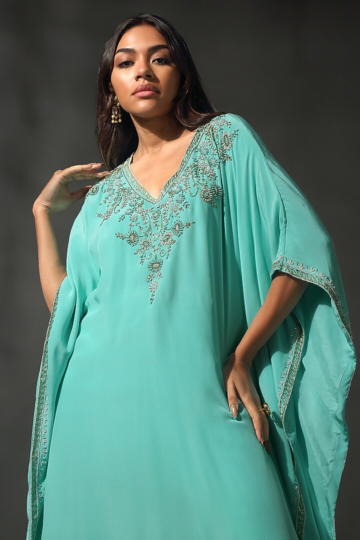 Turquoise Blue Sheesha Silk Sequins Embroidered Kaftan Set by Priyanka Jain at Pernia's Pop Up Shop