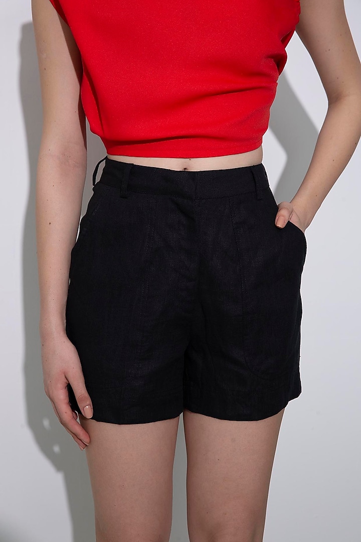 Black Cotton High Waist Shorts by Pocketful Of Cherrie