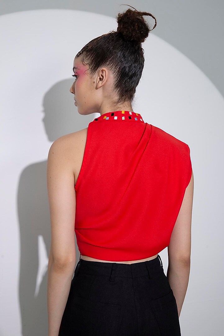 Red Crepe Embroidered Asymmetrical Crop Top by Pocketful Of Cherrie at Pernia's Pop Up Shop