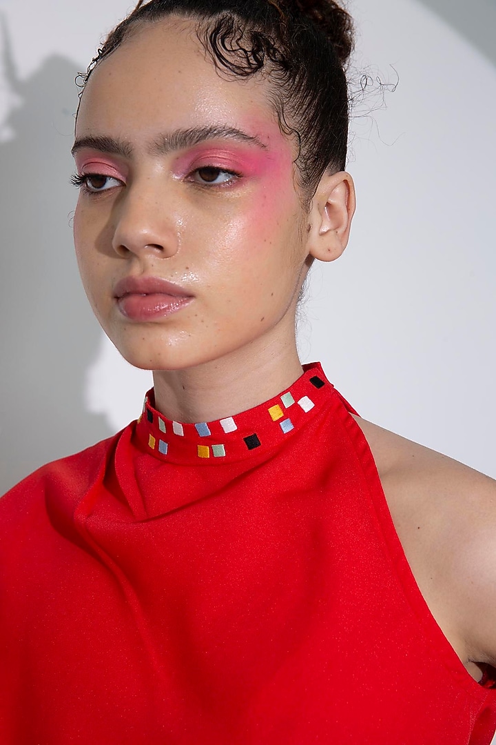 Red Crepe Embroidered Asymmetrical Crop Top by Pocketful Of Cherrie at Pernia's Pop Up Shop
