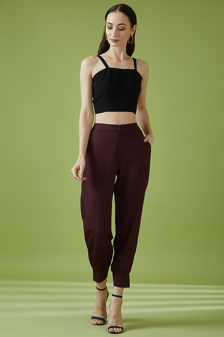 Plum Crepe Embroidered Pants by Pocketful Of Cherrie