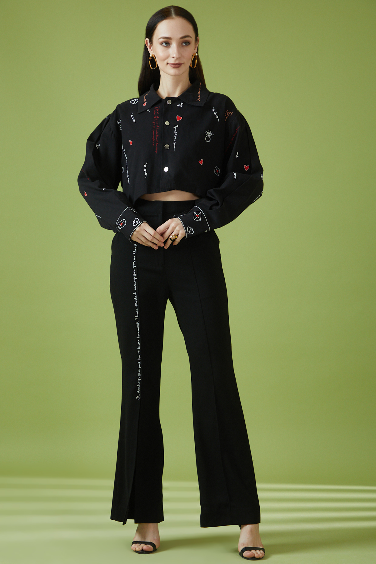 Black Cotton & Crepe Thread Hand Embroidered Cropped Jacket Set by Pocketful Of Cherrie