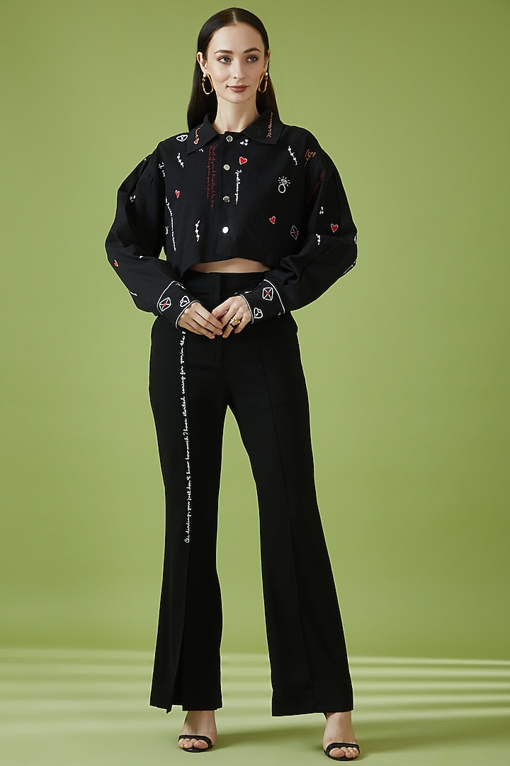Black Cotton & Crepe Thread Hand Embroidered Cropped Jacket Set by Pocketful Of Cherrie