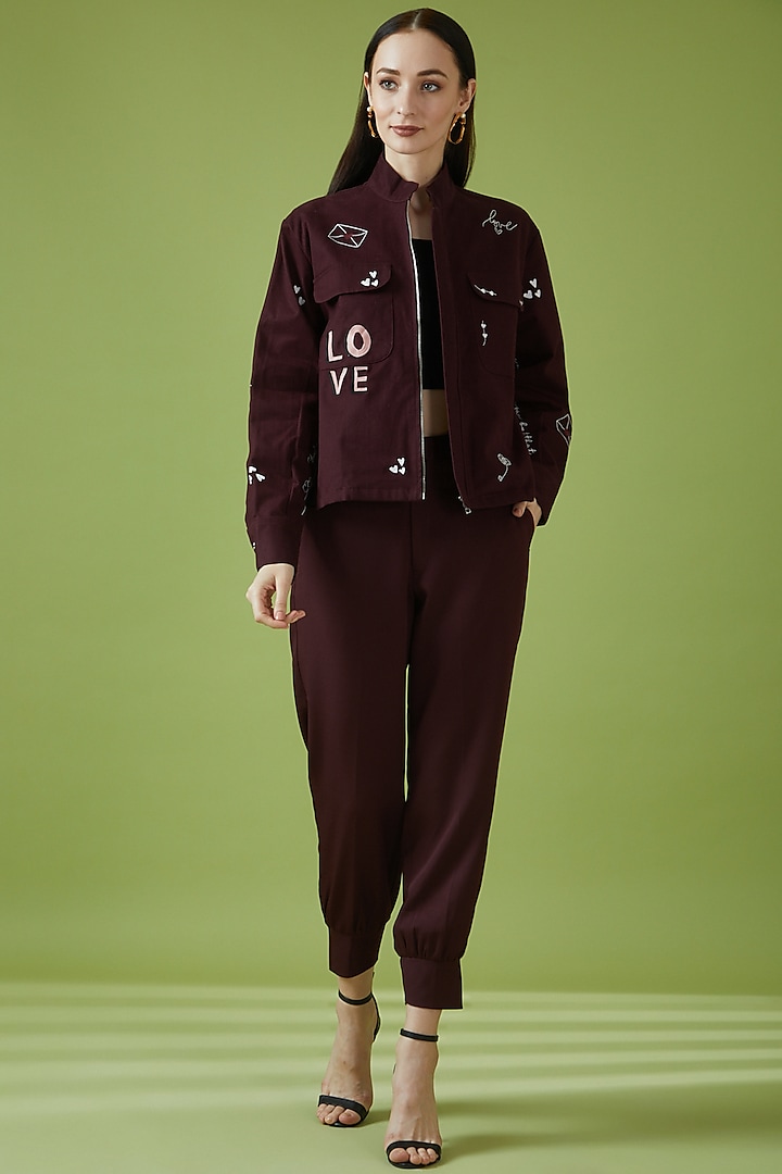 Plum Crepe & Cotton Twill Embroidered Jacket Set by Pocketful Of Cherrie at Pernia's Pop Up Shop