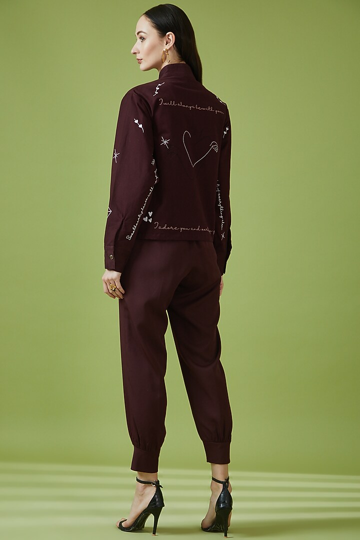 Plum Crepe & Cotton Twill Embroidered Jacket Set by Pocketful Of Cherrie at Pernia's Pop Up Shop