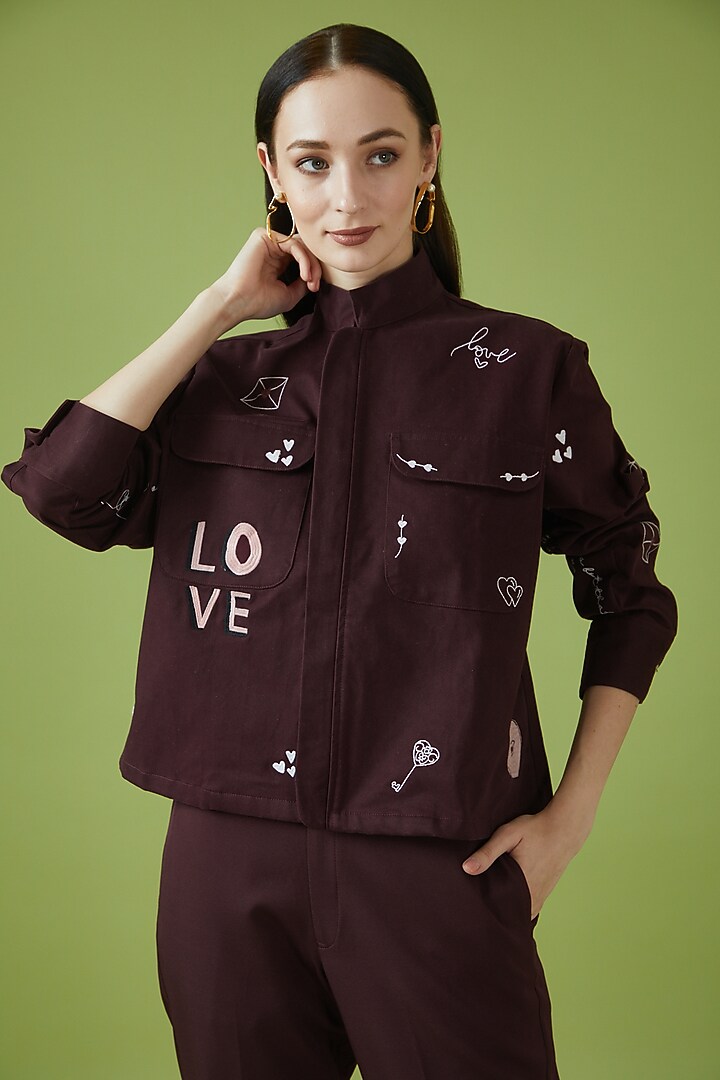 Plum Crepe & Cotton Twill Embroidered Jacket Set by Pocketful Of Cherrie at Pernia's Pop Up Shop