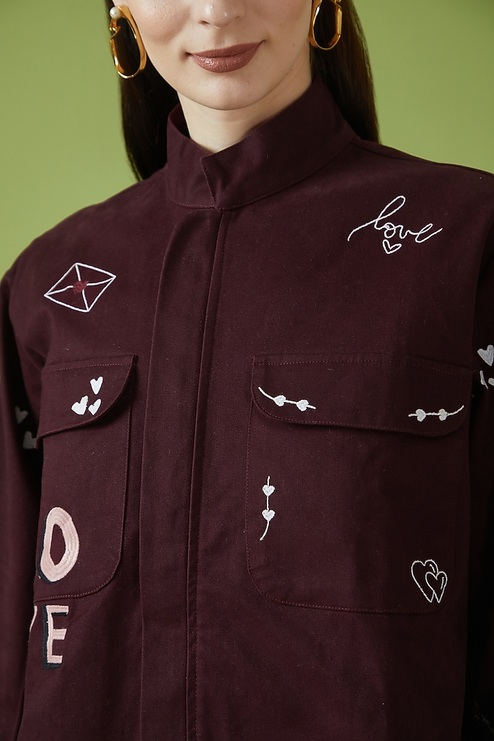 Plum Crepe & Cotton Twill Embroidered Jacket Set by Pocketful Of Cherrie at Pernia's Pop Up Shop