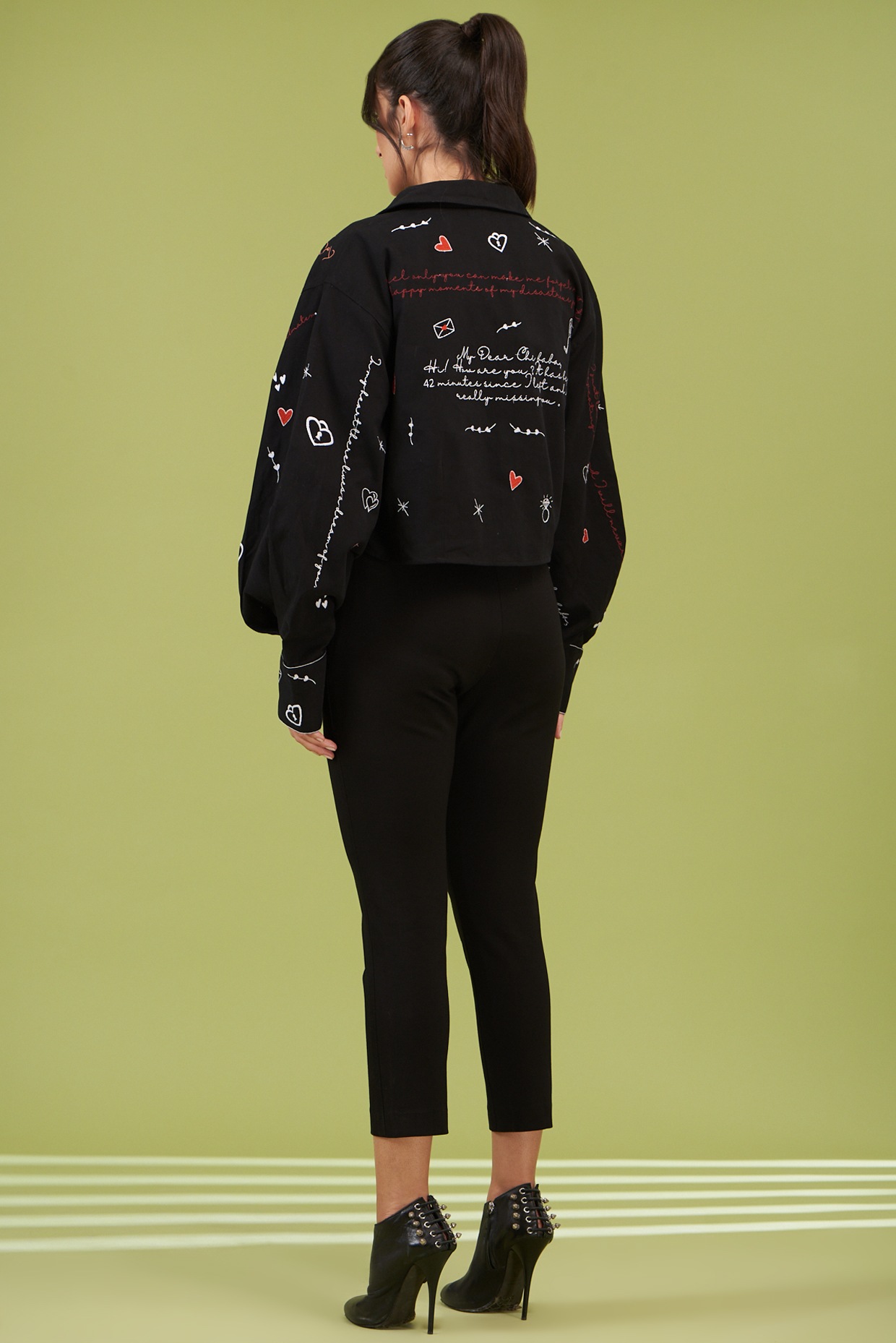 Black Cotton Hand Embroidered Baggy Cropped Jacket Design by