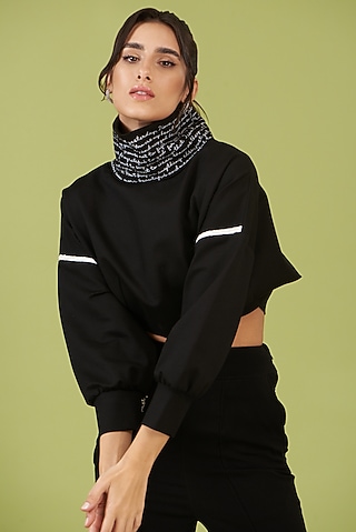 Black Ponte Hand Embroidered Cropped Sweatshirt by Pocketful Of Cherrie