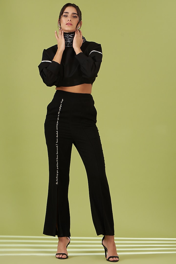 Black Ponte Hand Embroidered Cropped Sweatshirt by Pocketful Of Cherrie at Pernia's Pop Up Shop