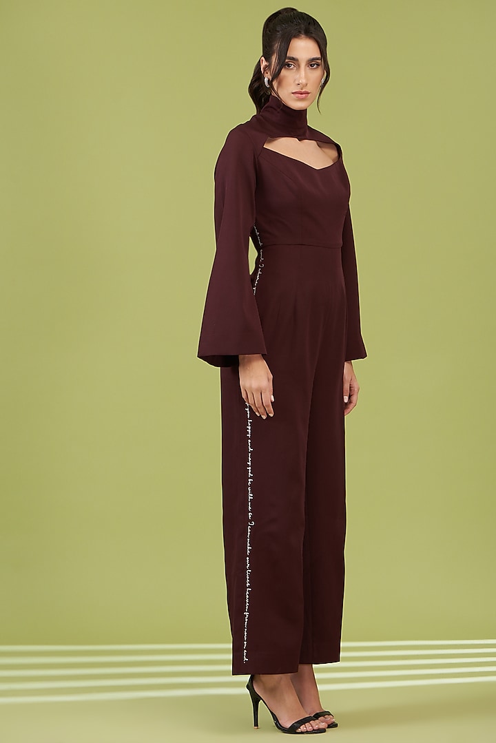 Plum Crepe Hand Embroidered Jumpsuit by Pocketful Of Cherrie