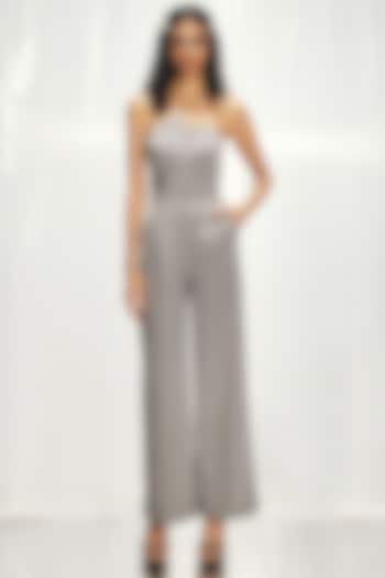 Grey Italian Suiting Off-Shoulder Jumpsuit by Pocketful Of Cherrie