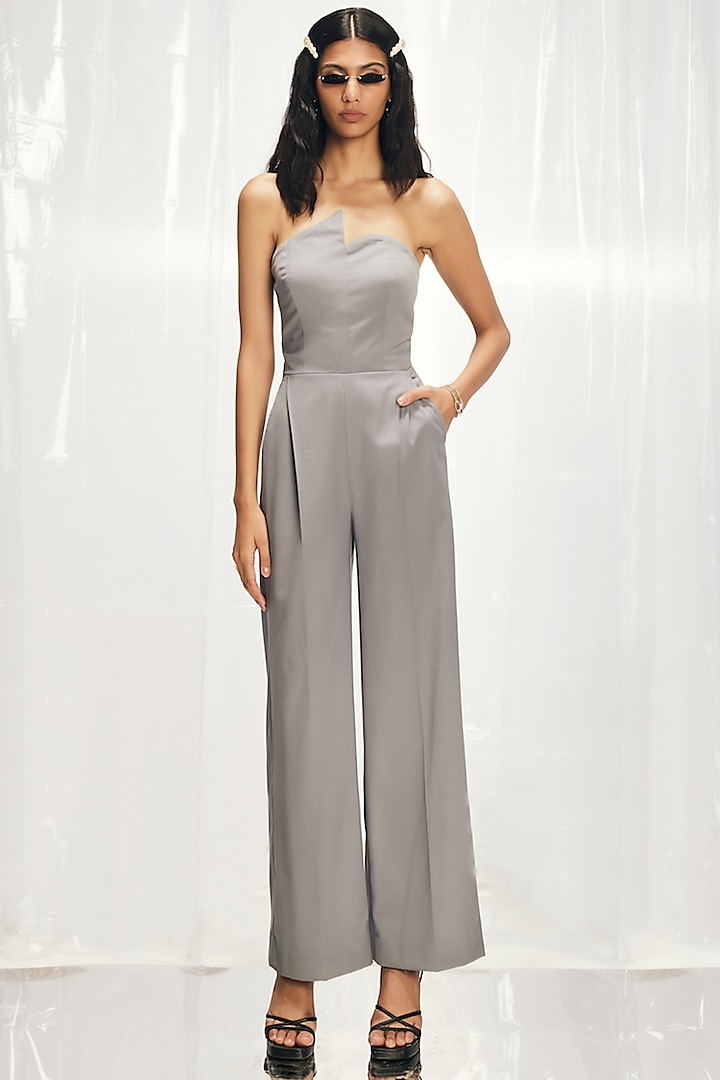 Grey Italian Suiting Off-Shoulder Jumpsuit by Pocketful Of Cherrie