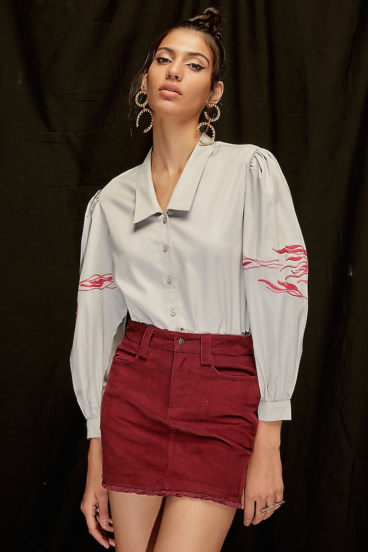Steel Grey Cotton Satin Hand Embroidered Shirt by Pocketful Of Cherrie